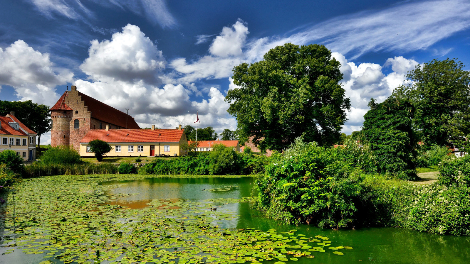 himmelen, trær, grønt, skyer, hjem, borg, dam, solen