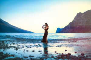 candle, girl, lake, mountains, rocks