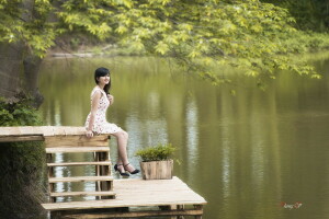 asian, girl, lake