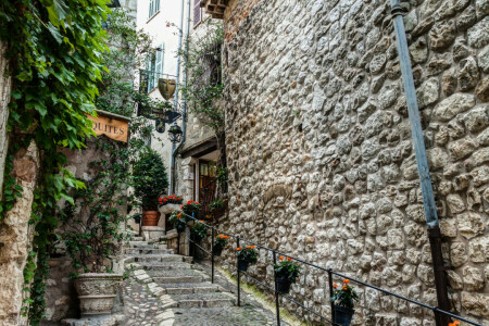 cafenea, Coasta de Azur, flori, Franţa, Saint-Paul-de-Vence, etapă, perete