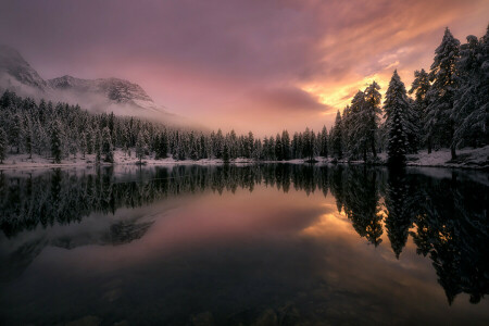 clouds, fog, forest, Italy, lake, mountains, reflection, snow