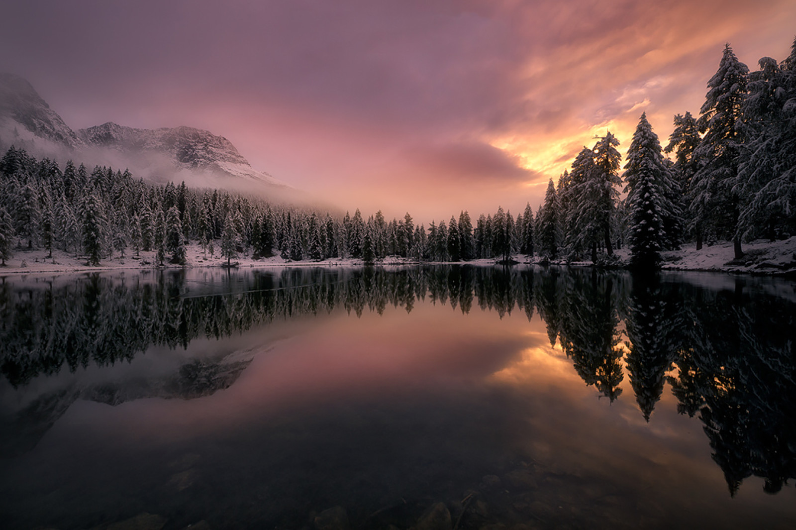 neve, foresta, lago, inverno, riflessione, alberi, nuvole, montagne