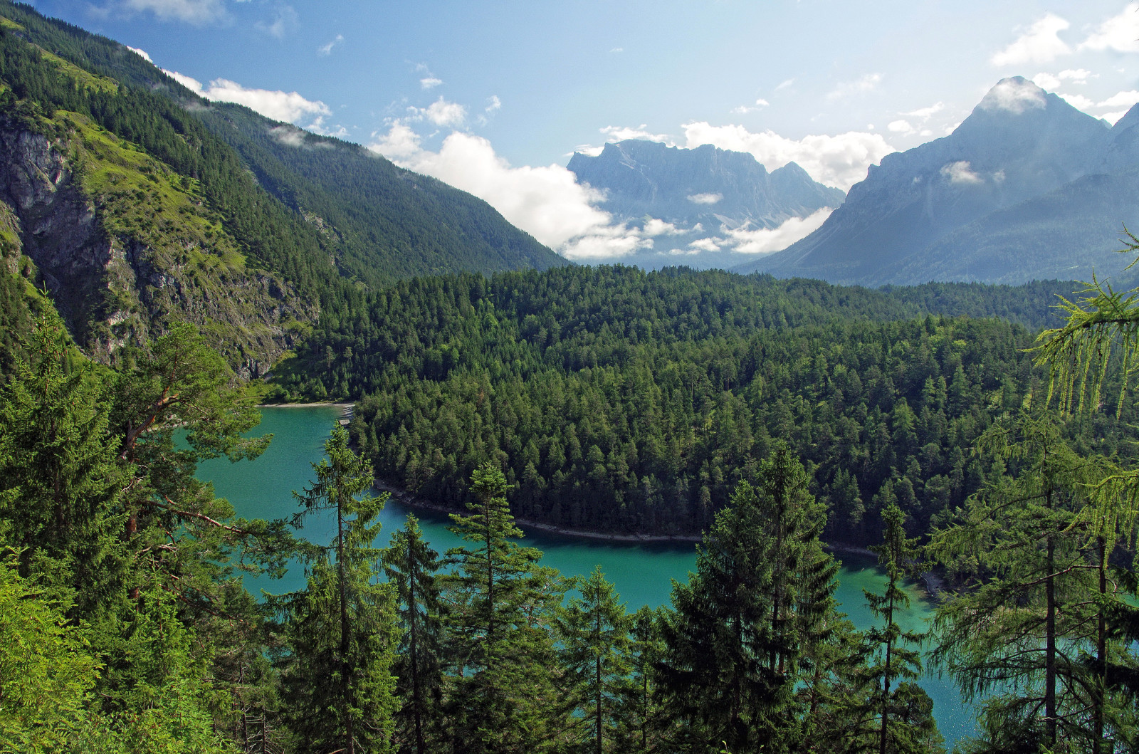 erdő, folyó, fák, felhők, hegyek, Ausztria, Tirol