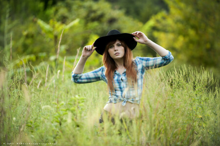 field, girl, grass, hat, look, redhead