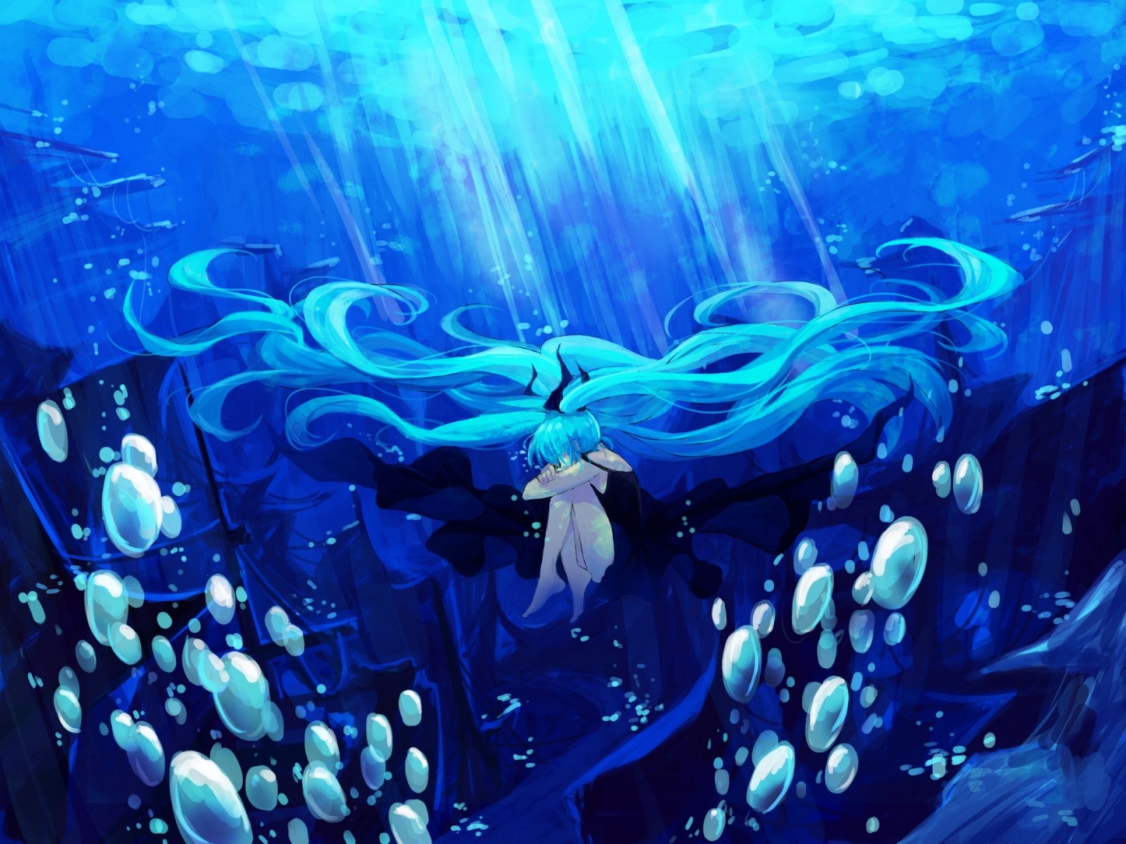 luz, menina, arte, navio, O oceano, Embaixo da agua, cabelo, vocaloid