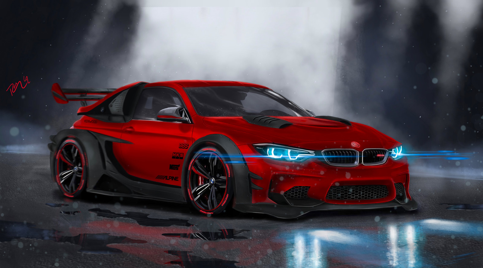 red, car, BMW, sport, Front, neon, customs