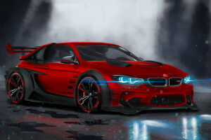 BMW, auto, douane, Voorkant, neon, rood, sport