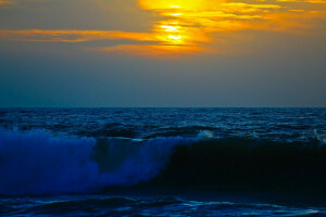 clouds, sea, storm, sunset, the sky, wave