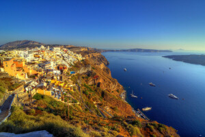 baie, bleu, bateaux, Nettoyer, côte, Grèce, Accueil, horizon