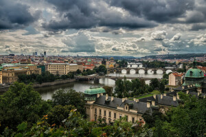 hidak, Cseh Köztársaság, itthon, panoráma, Prága, folyó, Moldva