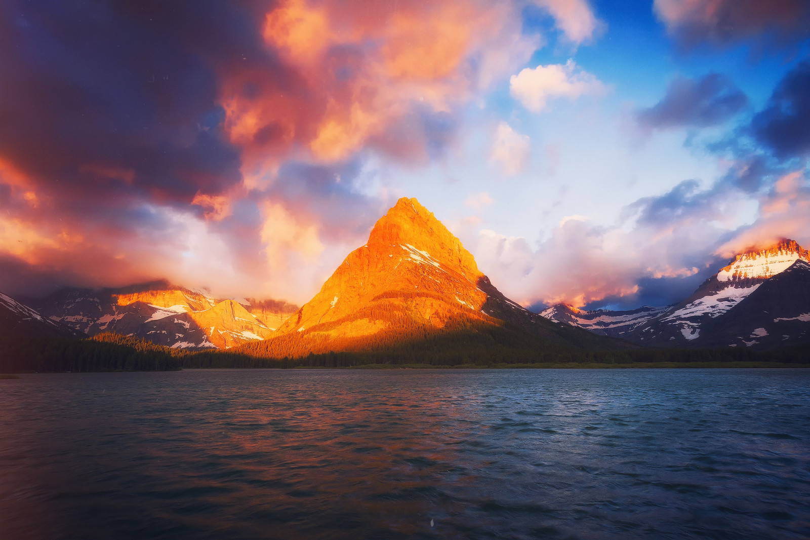 lumière, Montagne, Lac, Matin, Etats-Unis, Montana, Parc national des Glaciers, Etat