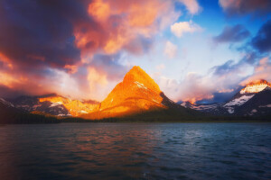 Glacier National Park, Grinnell, lake, light, Montana, morning, Mountain, state