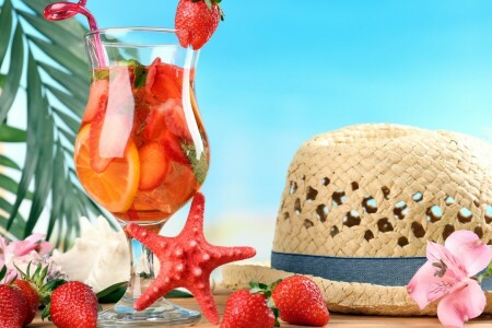 cocktail, flower, hat, palm leaves, sea, starfish, strawberry