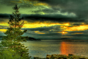 skyer, HDR, sø, sten, solnedgang, himlen, træer