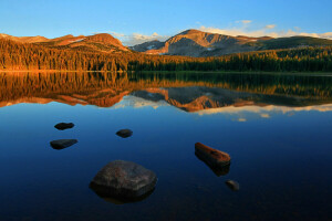 forest, lake, mountains, reflection, stones, sunset, the sky