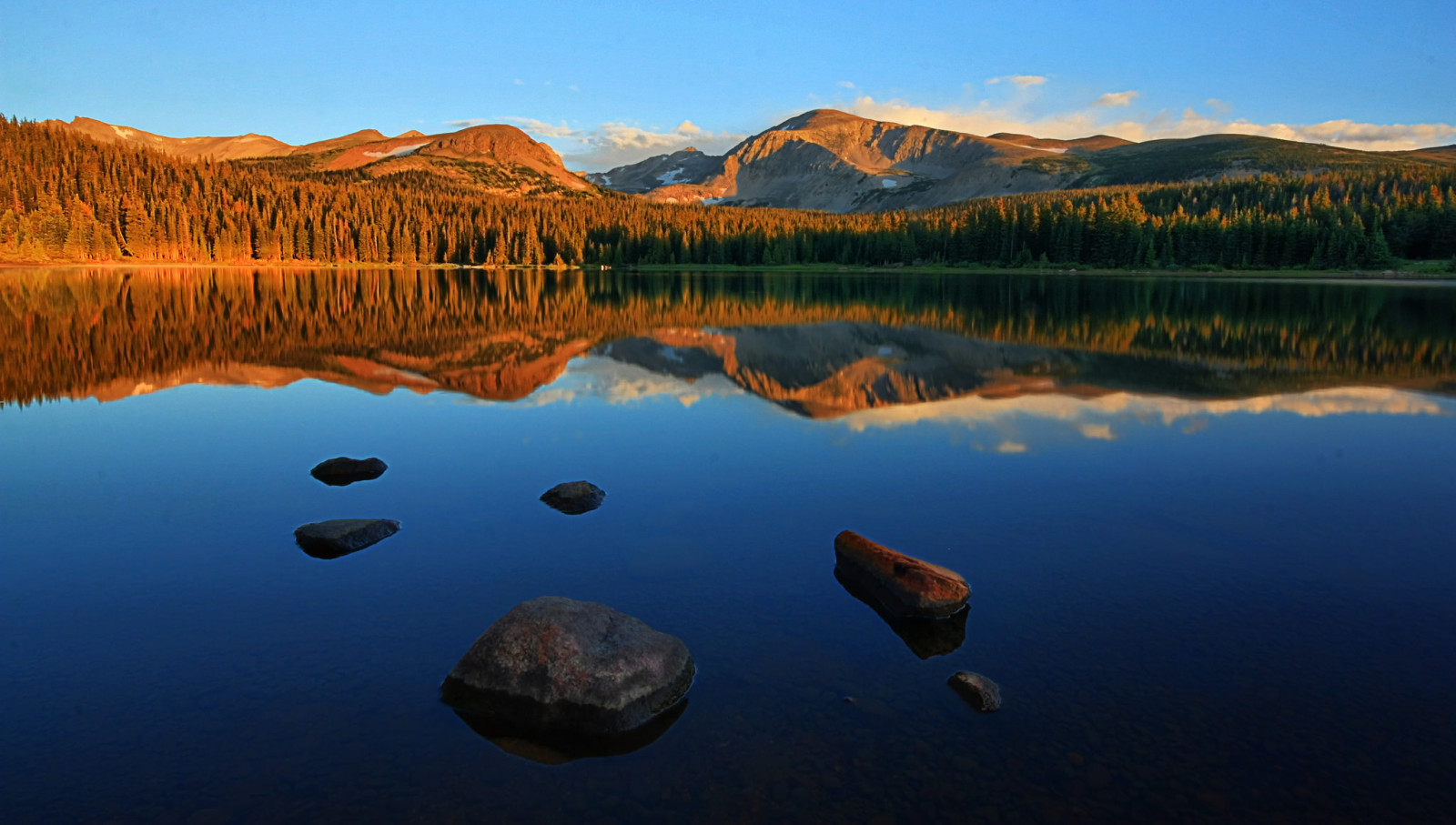 foresta, il cielo, lago, tramonto, riflessione, pietre, montagne