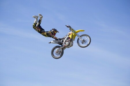 chmury, FMX, freestyle, manewr, motocross, Jeździec, niebo, Superman Double Seat Grab