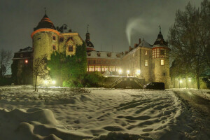 castle, Germany, Laubach Castle, lights, night, snow, the snow, trees