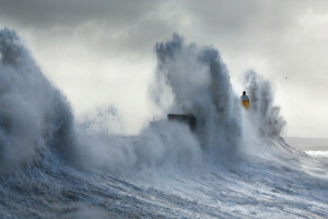 clouds, Lighthouse, sea, storm, the sky