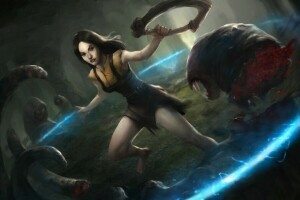 art, forest, girl, monsters, Path of Exile, round, weapons, worms