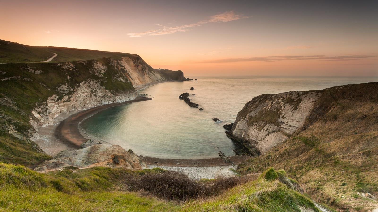 sunset, Bay, sea, England, rocks, Man of War Bay