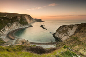 Bahía, Inglaterra, Bahía del hombre de guerra, rocas, mar, puesta de sol