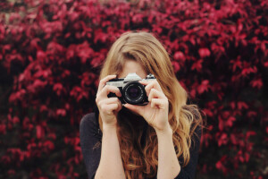 telecamera, ragazza, lente, rilievi, la fotocamera