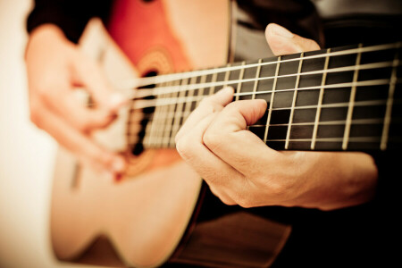 Akustik, verwischen, Bokeh, Klassisch, Bünde, Grif, Gitarre, holonisch