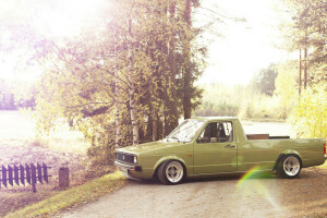 Caddie, luces, la carretera, lado, el campo, el sol, Volkswagen, rueda