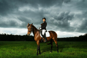 clouds, field, girl, grass, hat, horse, Rider, saddle