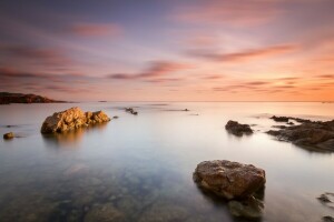 alba, paesaggio, rocce, riva, pietre, L'oceano