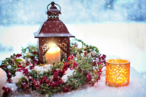 candles, decoration, flashlight, holiday, New Year, snow, wreath