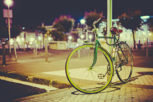 bicicleta, poste de luz, ligero, cuadrado, la ciudad