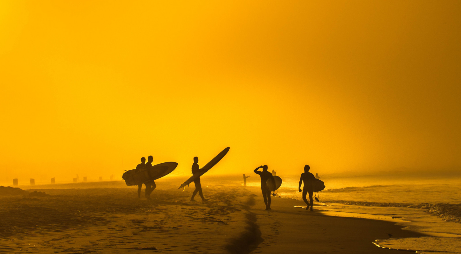 sommer, strand, bølge, sol, surfere, surfbrætter