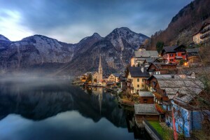 Alpler, Avusturya, Hallstatt, ev, göl, Hallstatt Gölü, peyzaj, dağlar