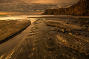 Baai, strand, rotsen, zee, zonsondergang