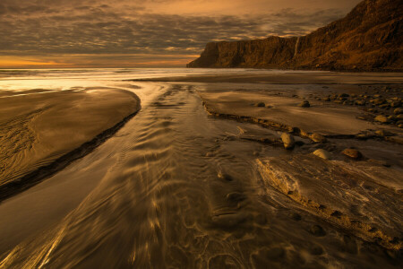 Baía, de praia, pedras, mar, pôr do sol