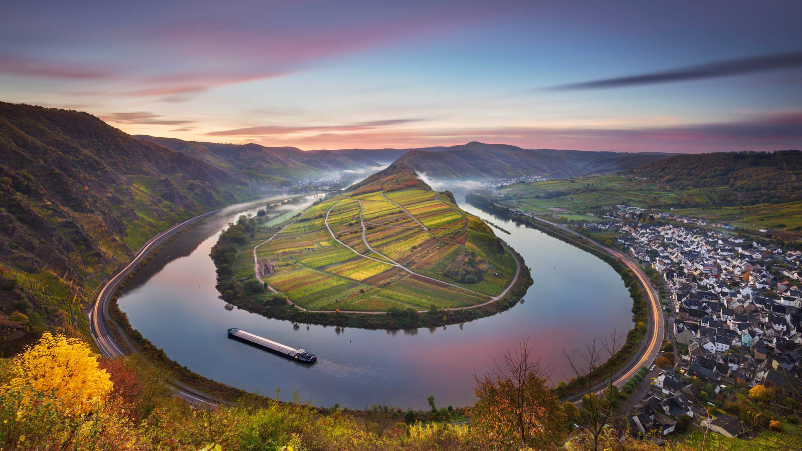 otoño, naturaleza, montañas, Alemania, Renania-Palatinado, barcaza, Bremm