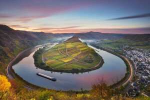 Herbst, Lastkahn, Bremm, Deutschland, Berge, Natur, Rheinland-Pfalz