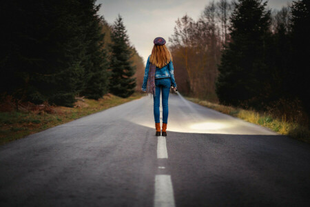 girl, road, spotlight