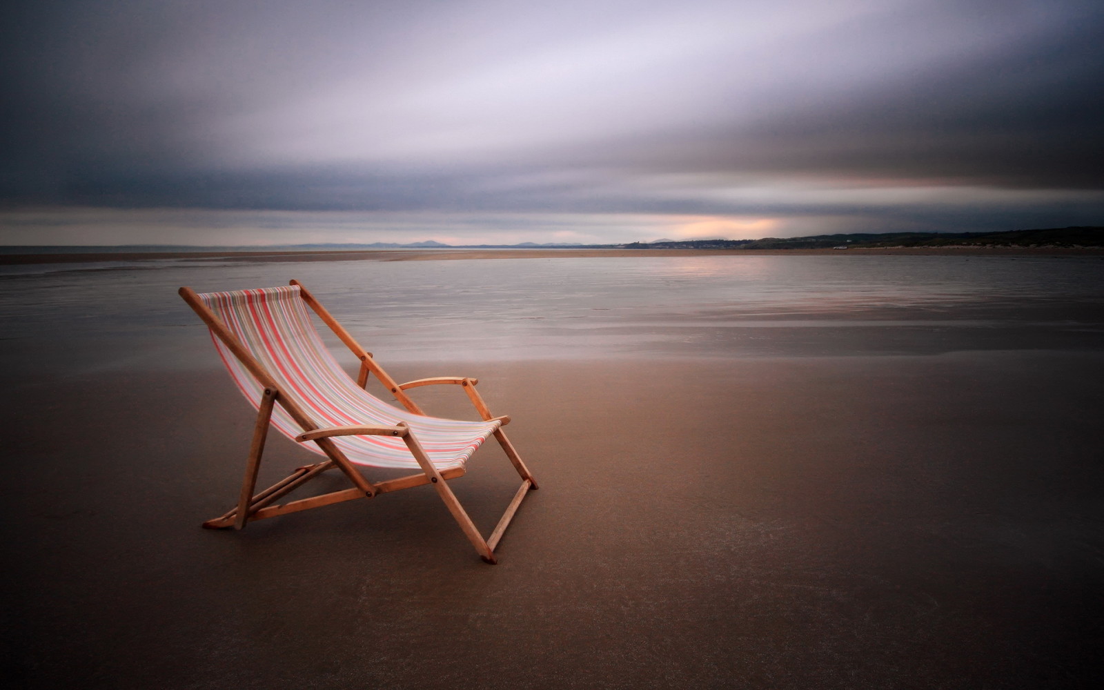 le coucher du soleil, mer, chaise