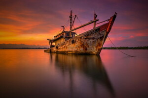 barge, navire, rive, le coucher du soleil, L'océan