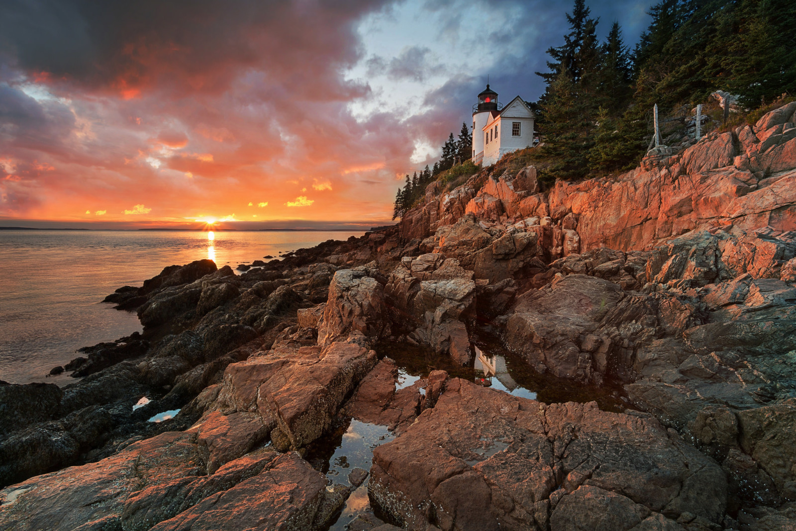 večer, západ slunce, Maják, USA, skály, Přístav, národní park, Maine