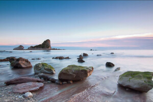 clouds, rock, sea, shore, stones, the sky