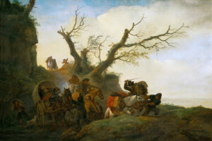 sjanger, landskap, mennesker, Philips Wouwerman, bilde, vogn