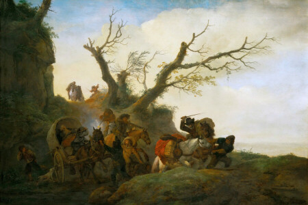 genre, paysage, gens, Philips Wouwerman, image, wagon