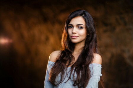 magnifique, bokeh, brunette, boucles, fille, Regardez, maquillage, portrait