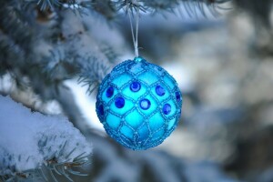 ball, decoration, holiday, snow, spruce