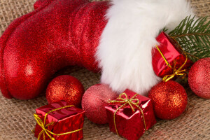 balls, boots, Christmas, fur, gifts, holiday, New Year, red