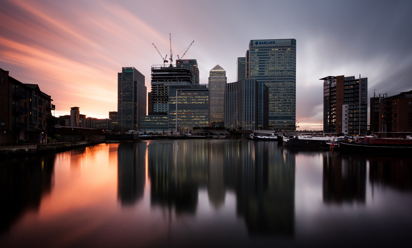 заход солнца, Англия, сумерки, Лондон, Canary Wharf